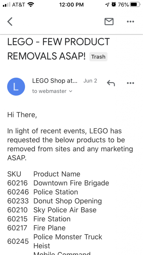 LEGO Email pulling police and firemen sets from marketing